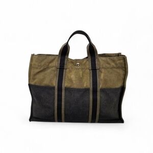 Hermes Canvas Fourre Tout Holdall Tote Bag in Green and Navy Size MM